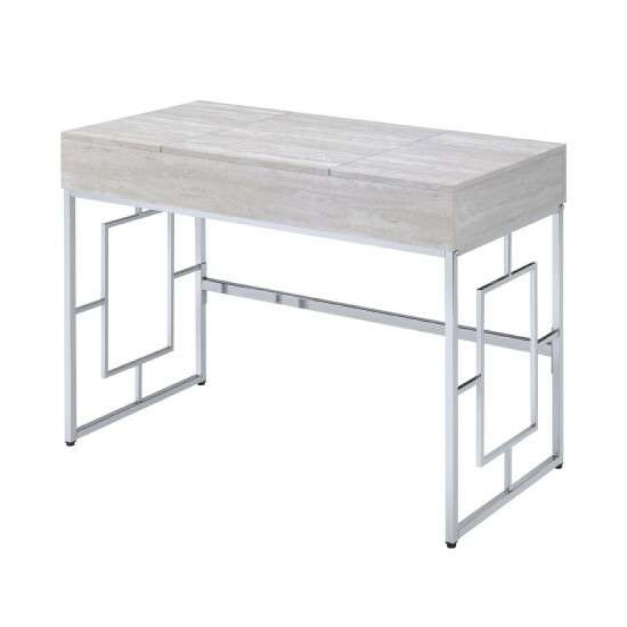 Furniture * | Cheap Simple Relax Metal Frame Vanity Desk With Usb Ports In Natural And Chrome