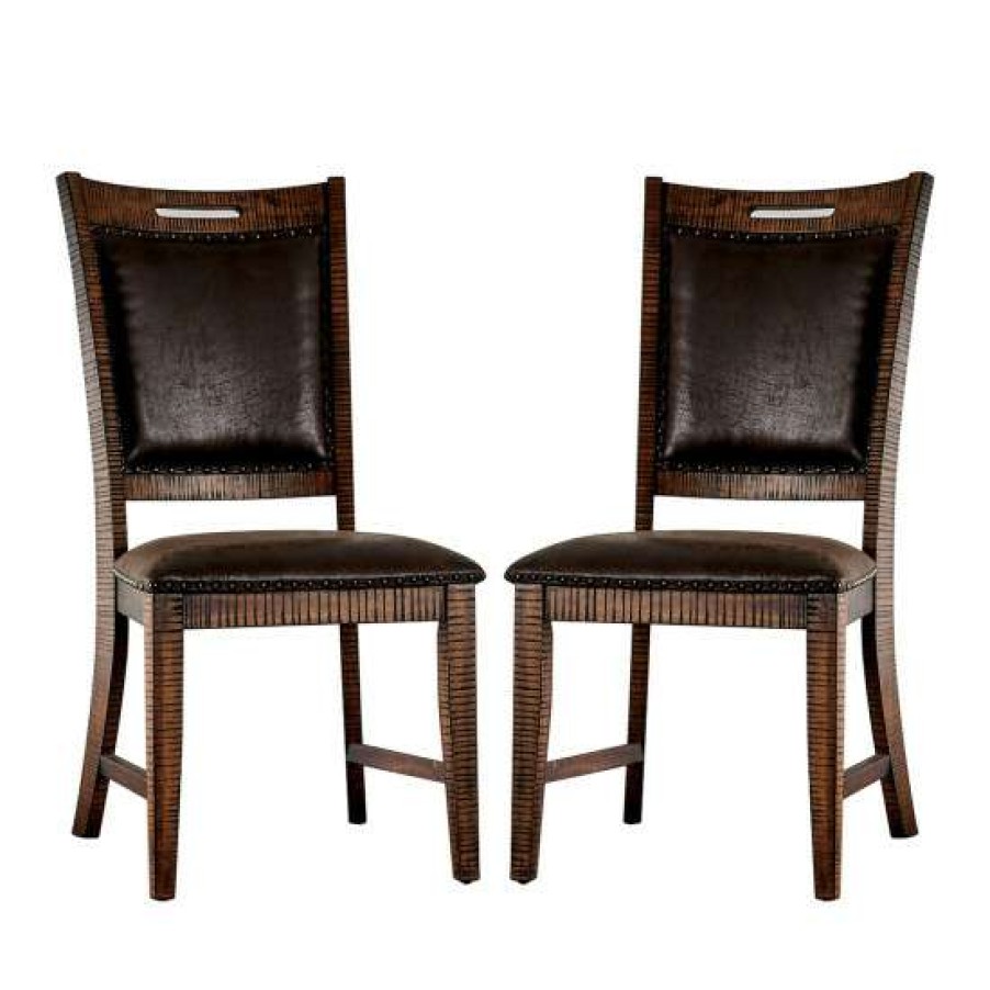 Furniture * | Coupon Simple Relax Set Of 2 Padded Leatherette Dining Chairs In Distressed Dark Oak