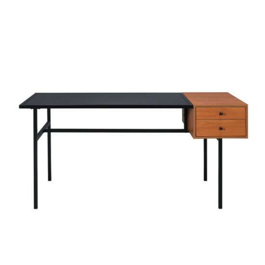 Furniture * | Budget Simple Relax 2 Drawers Writing Desk With Metal Frame In Honey Oak And Black