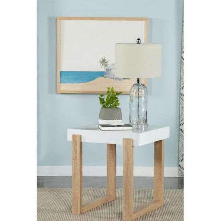 Furniture * | Discount Simple Relax Rectangular End Table With Sled Base In High Gloss White And Natural