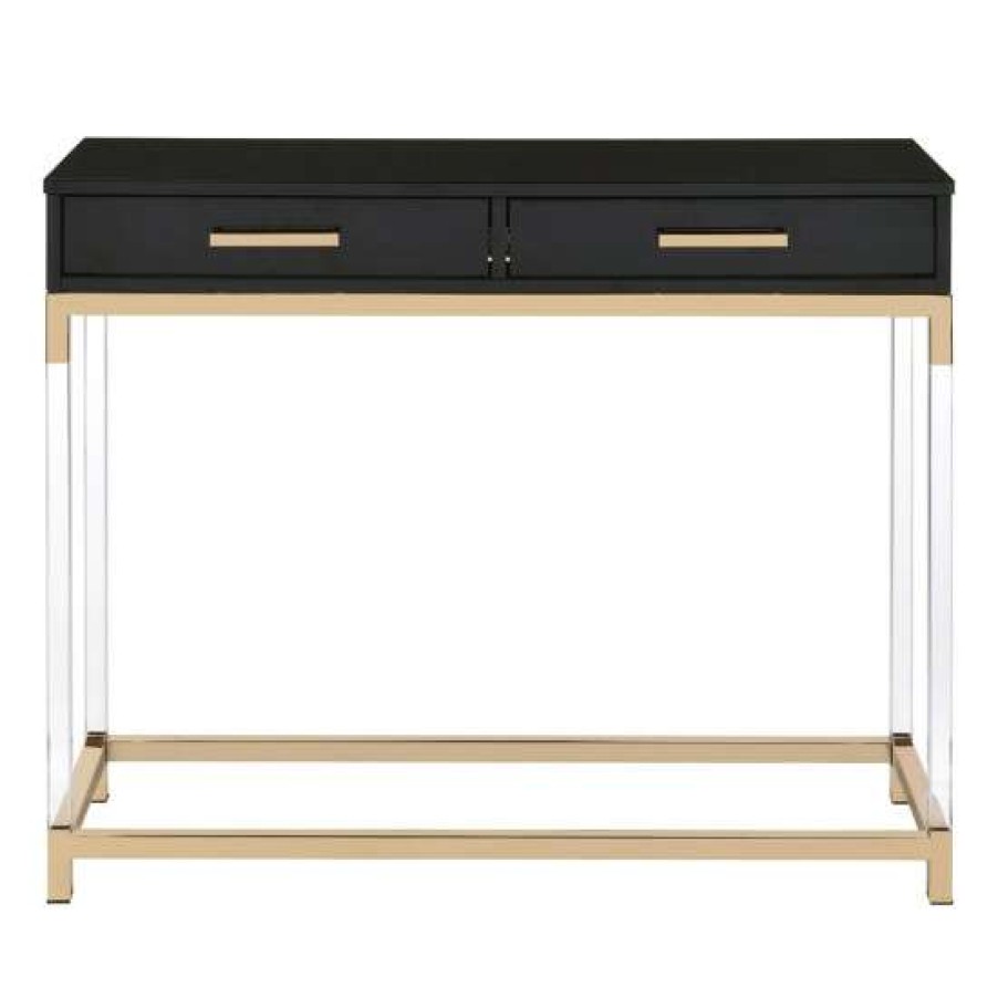 Furniture * | Cheapest Simple Relax 2 Drawers Wood Sofa Table With Metal Base In Black And Gold