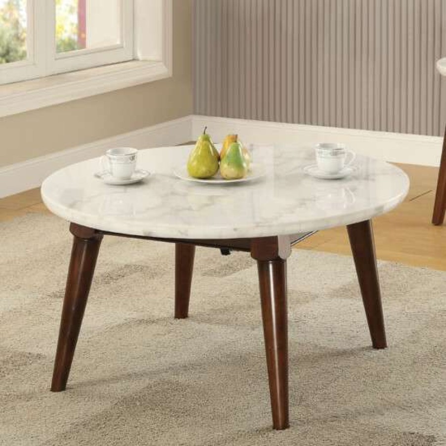 Furniture * | Top 10 Simple Relax Round Marble Coffee Table In White And Walnut