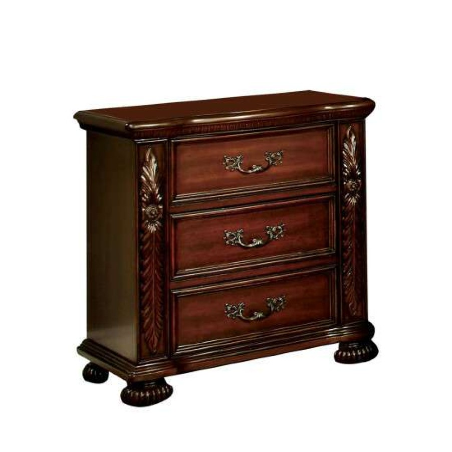 Furniture * | Cheap Simple Relax 3 Drawers Wooden Night Stand With Metal Handle Design In Brown Cherry