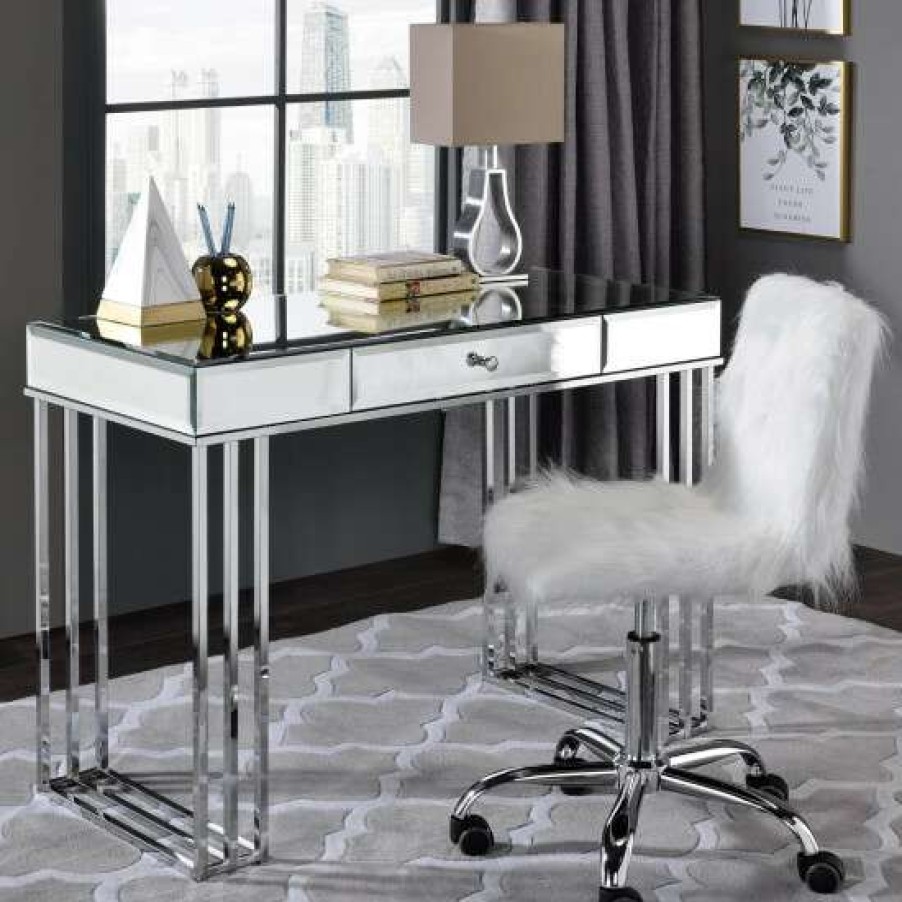 Furniture * | Hot Sale Simple Relax White Faux Fur Office Chair With 5-Star Metal Base