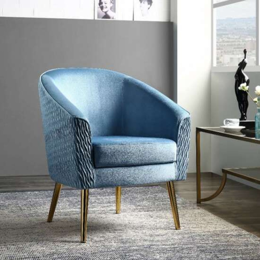 Furniture * | Wholesale Simple Relax Blue Velvet Upholstered Accent Chair In Gold Finish