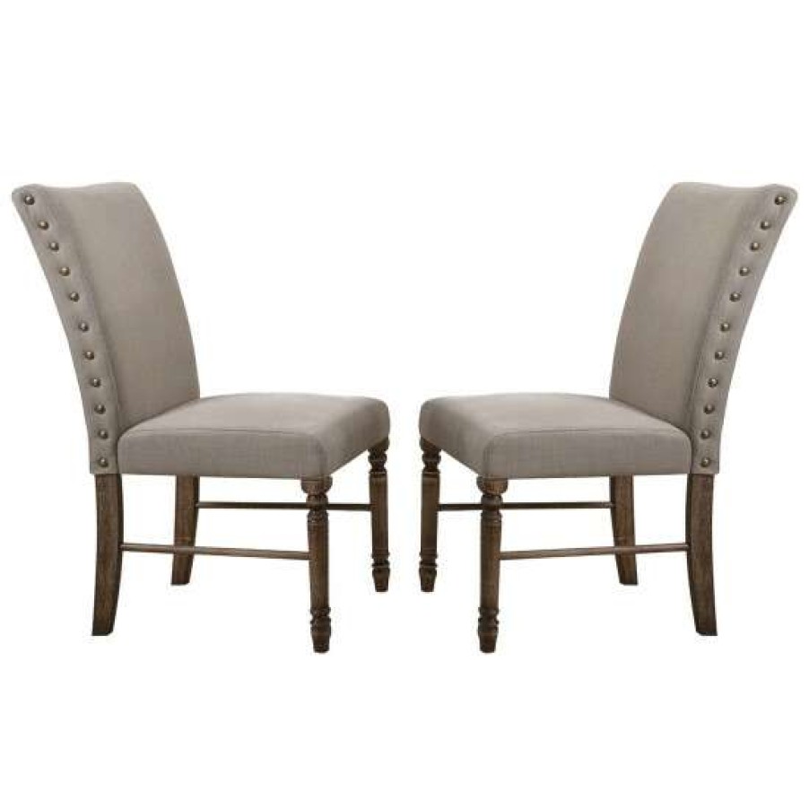 Furniture * | Coupon Simple Relax Set Of 2 Cream Linen Side Chair In Weathered Oak Finish