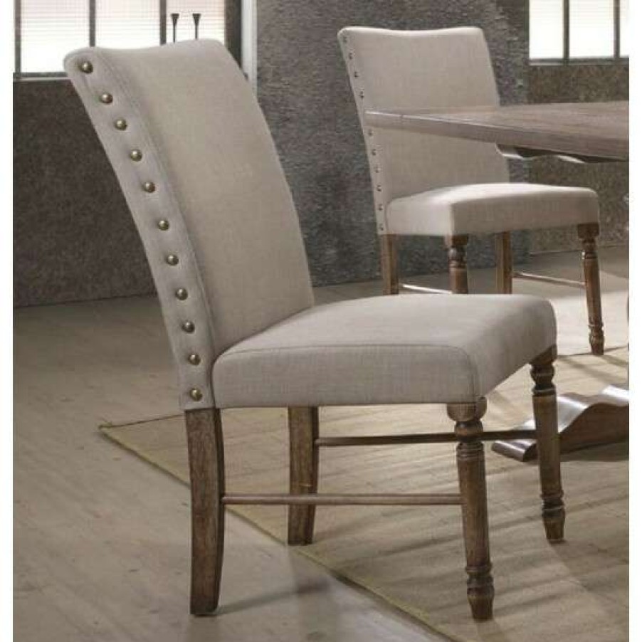 Furniture * | Coupon Simple Relax Set Of 2 Cream Linen Side Chair In Weathered Oak Finish