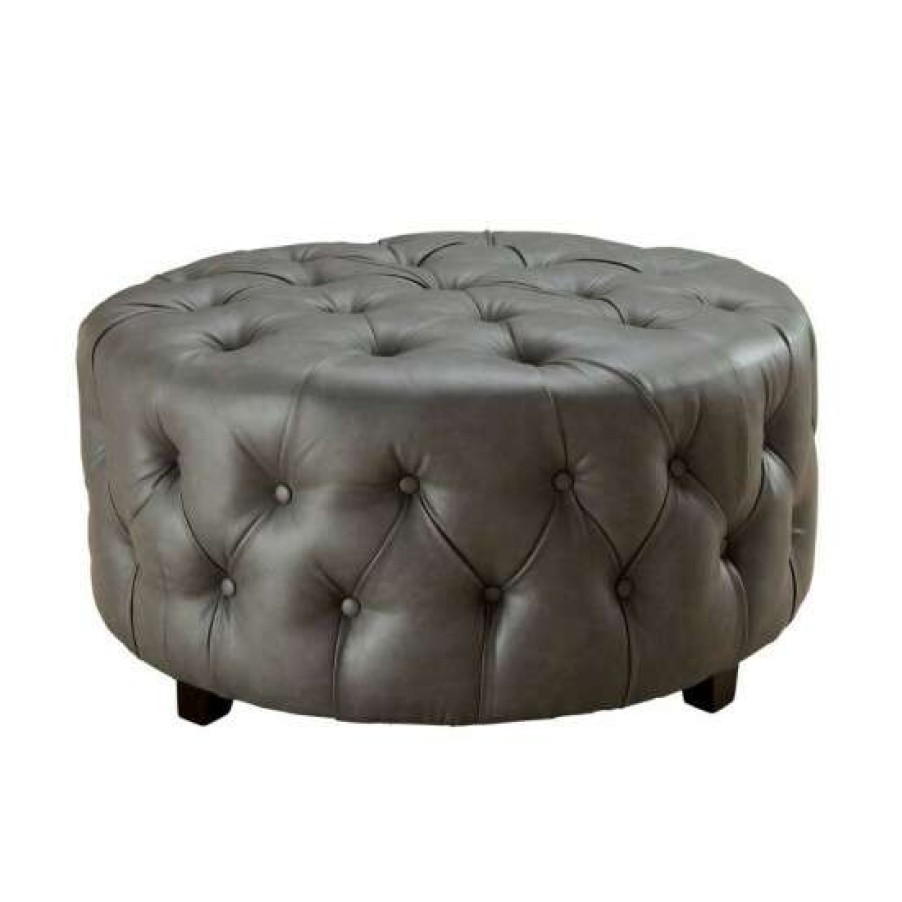 Furniture * | Deals Simple Relax Bonded Leather Round Ottoman With Button Tufted Grey