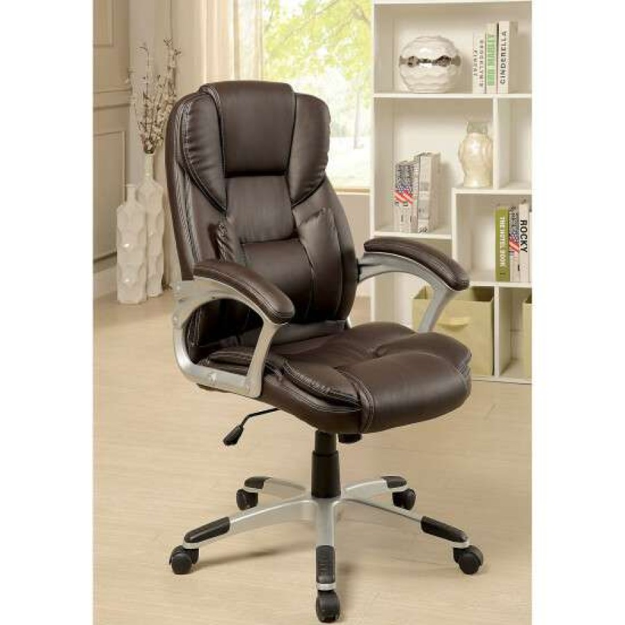 Furniture * | Best Sale Simple Relax Leatherette And Metal Office Chair In Brown Finish