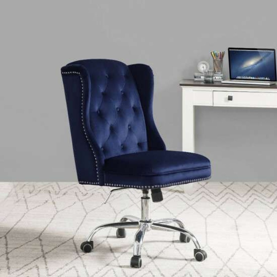 Furniture * | Hot Sale Simple Relax Velvet Upholstered Office Chair In Midnight Blue Finish