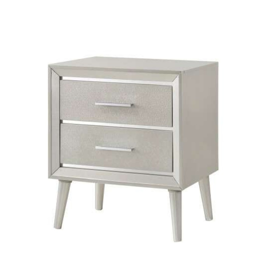 Furniture * | Best Pirce Simple Relax 2 Drawers Nightstand With Tapered Legs In Metallic Sterling