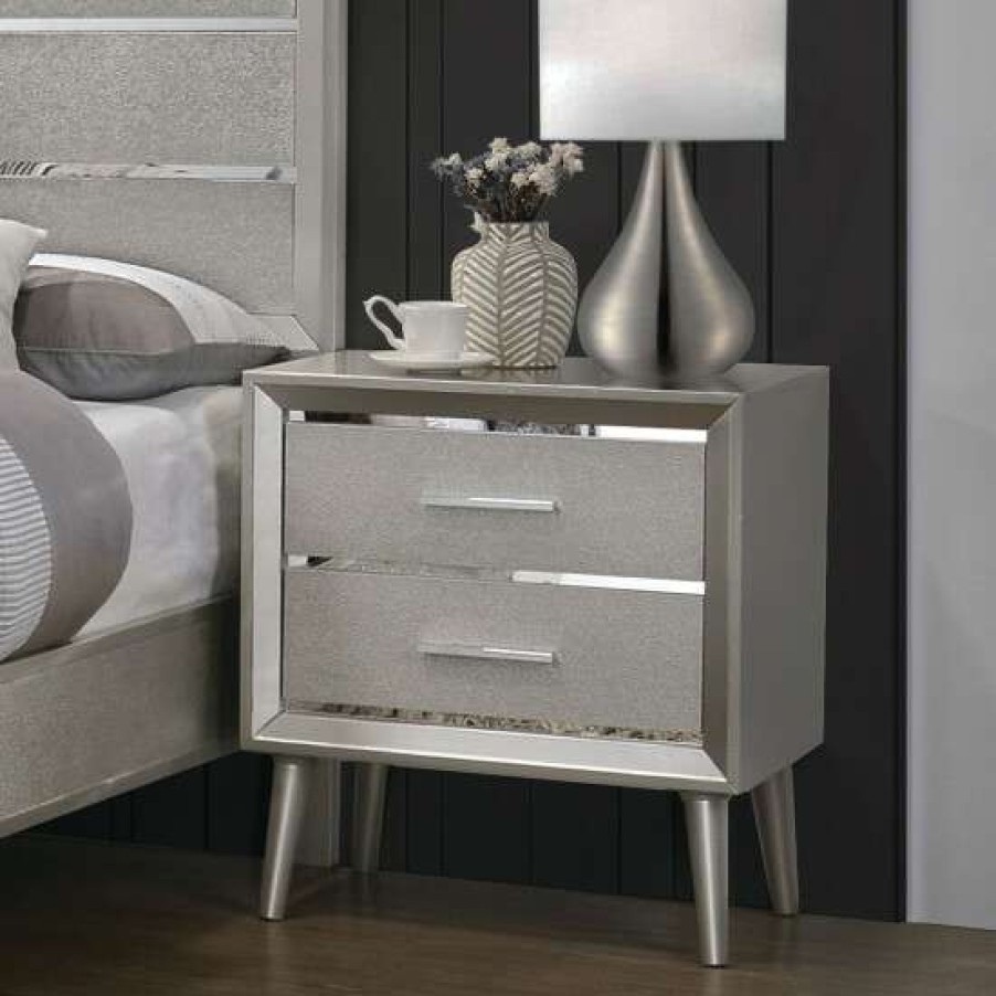 Furniture * | Best Pirce Simple Relax 2 Drawers Nightstand With Tapered Legs In Metallic Sterling