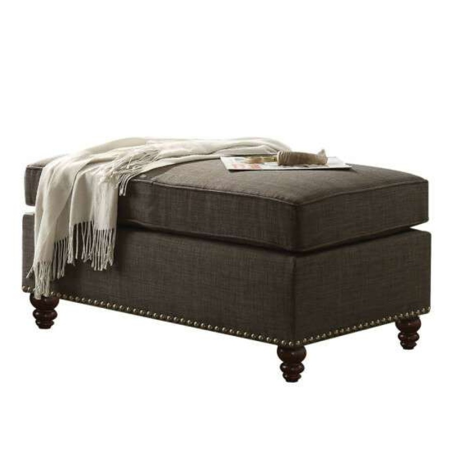 Furniture * | Best Pirce Simple Relax Charcoal Linen Ottoman With Nailhead Trim