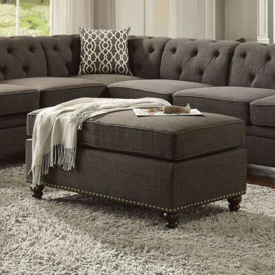 Furniture * | Best Pirce Simple Relax Charcoal Linen Ottoman With Nailhead Trim