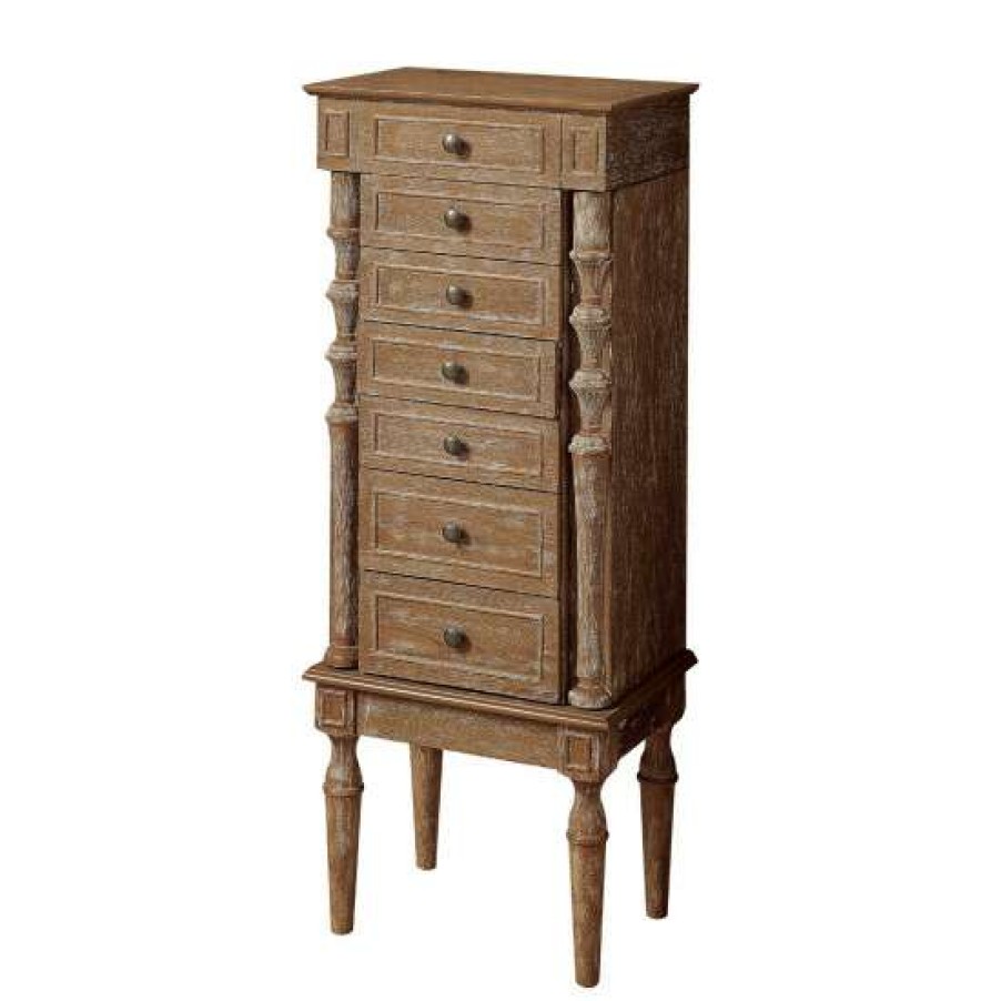 Furniture * | Deals Simple Relax Jewelry Armoire With 6 Storage Drawers In Weathered Oak