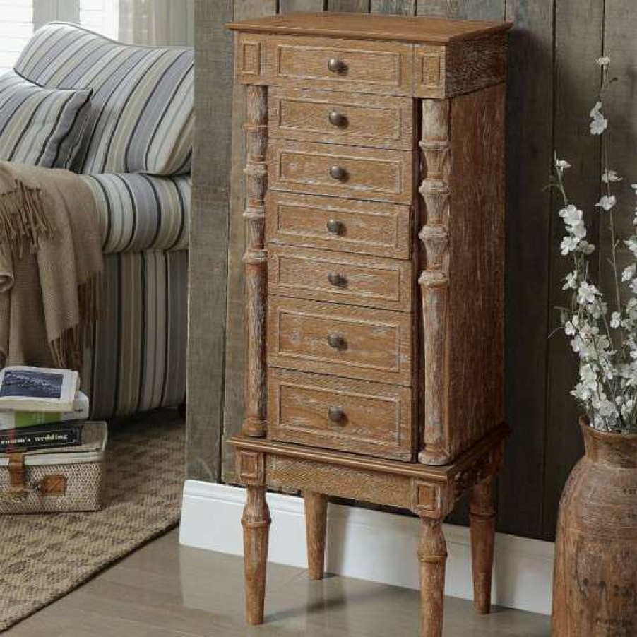 Furniture * | Deals Simple Relax Jewelry Armoire With 6 Storage Drawers In Weathered Oak