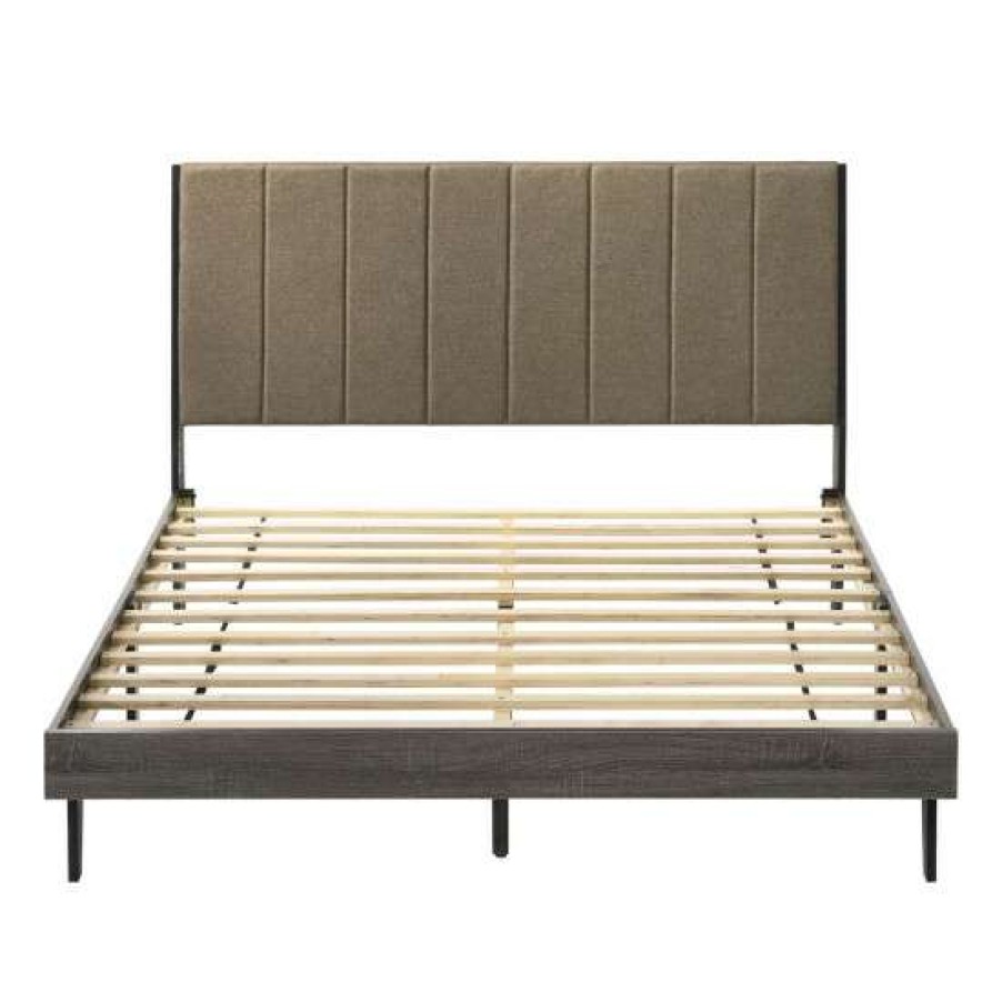 Furniture * | Hot Sale Simple Relax Queen Bed In Brown Fabric And Weathered Gray Finish