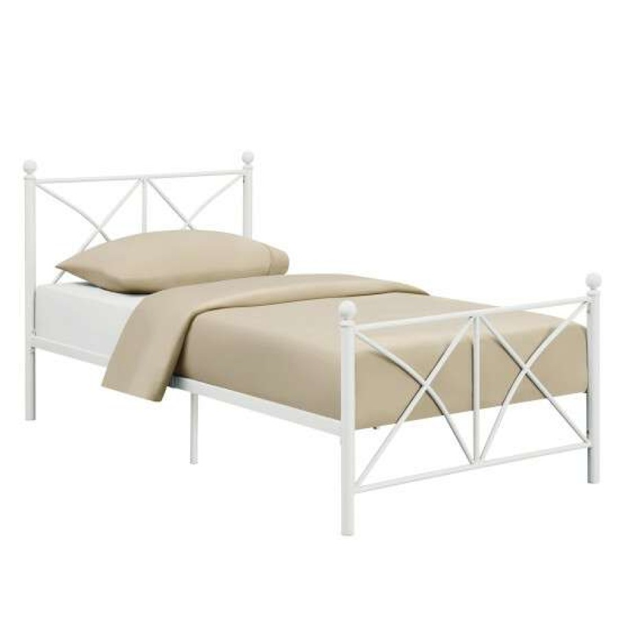 Furniture * | Best Sale Simple Relax Metal Bed With X-Style Footboard In White