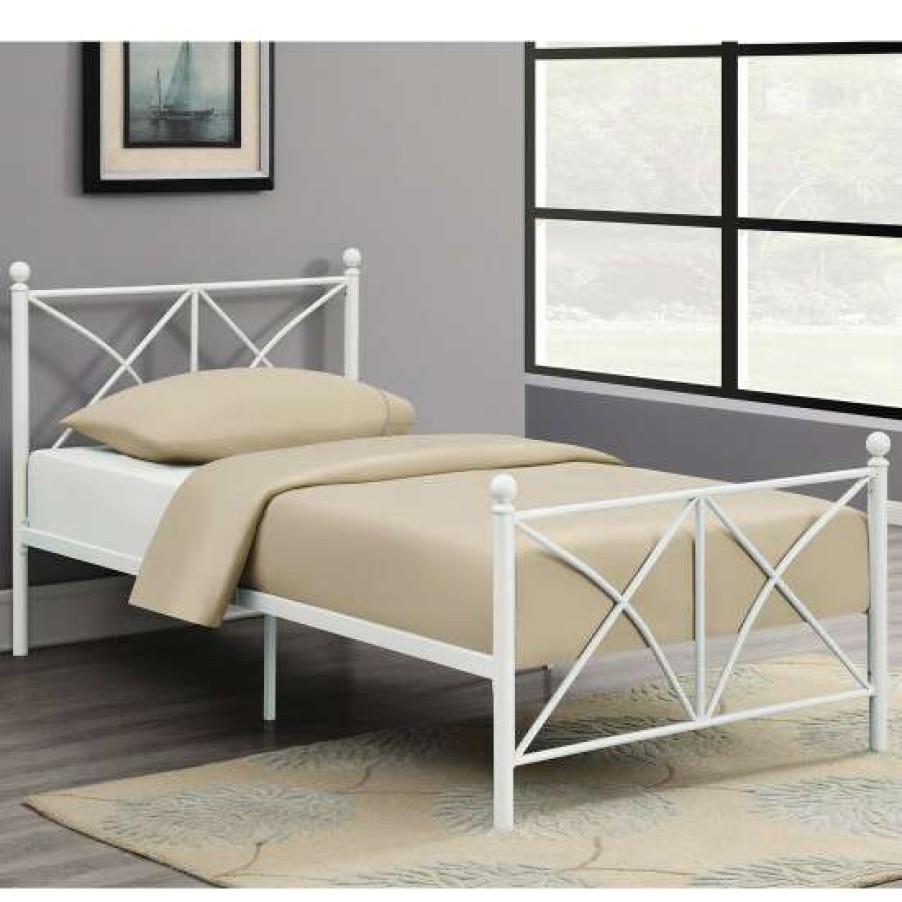 Furniture * | Best Sale Simple Relax Metal Bed With X-Style Footboard In White