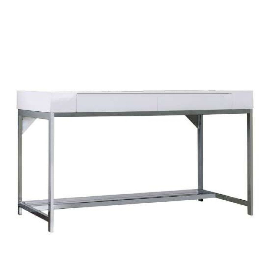 Furniture * | Coupon Simple Relax Metal And Wood Computer Desk In White, Chrome Finish