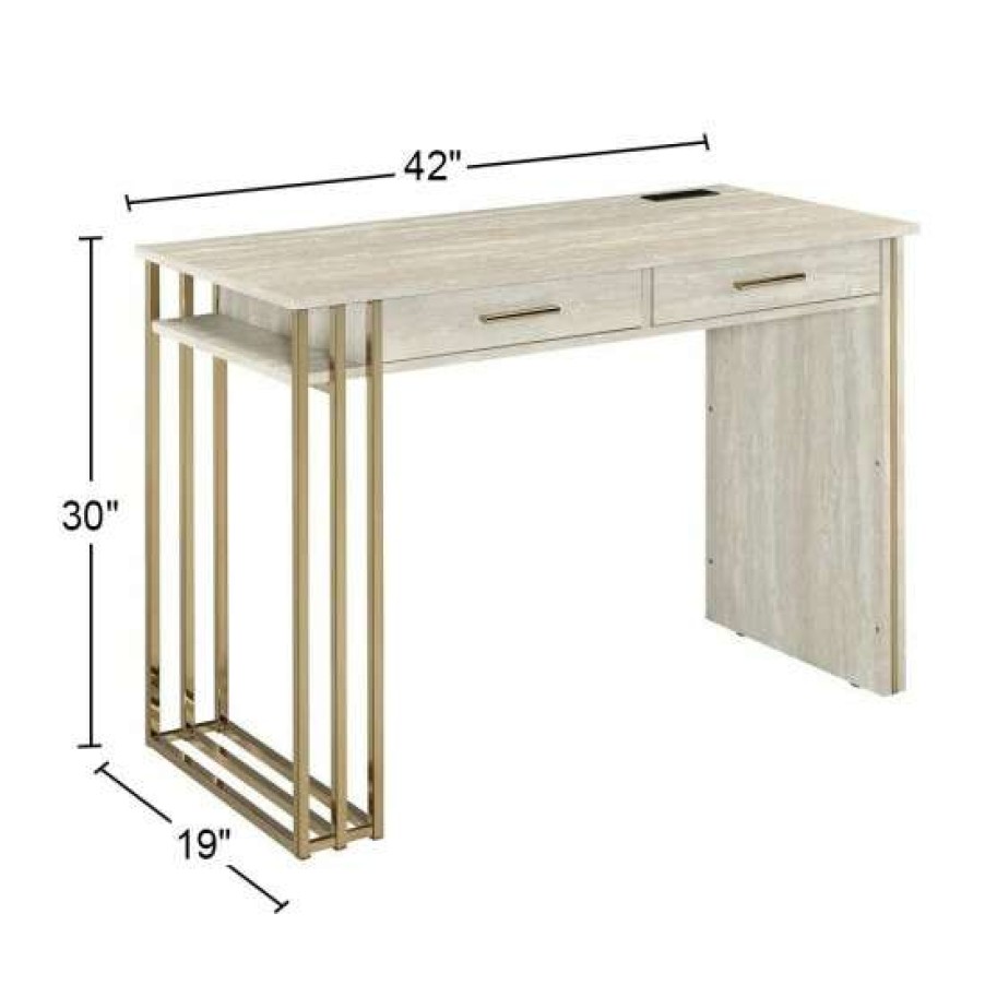 Furniture * | Best Sale Simple Relax 2 Drawers Vanity Desk With Usb Ports In Antique White And Gold Finish