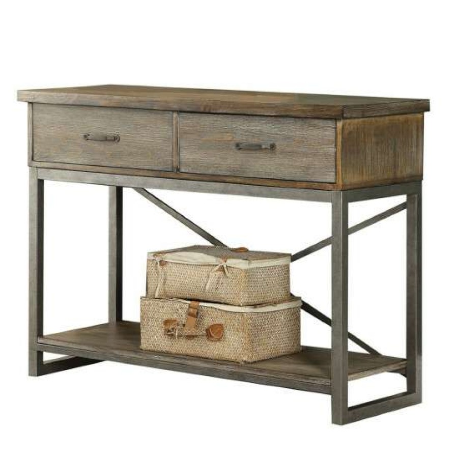 Furniture * | New Simple Relax Wood Server With 2 Drawers In Weathered Oak And Antique Silver