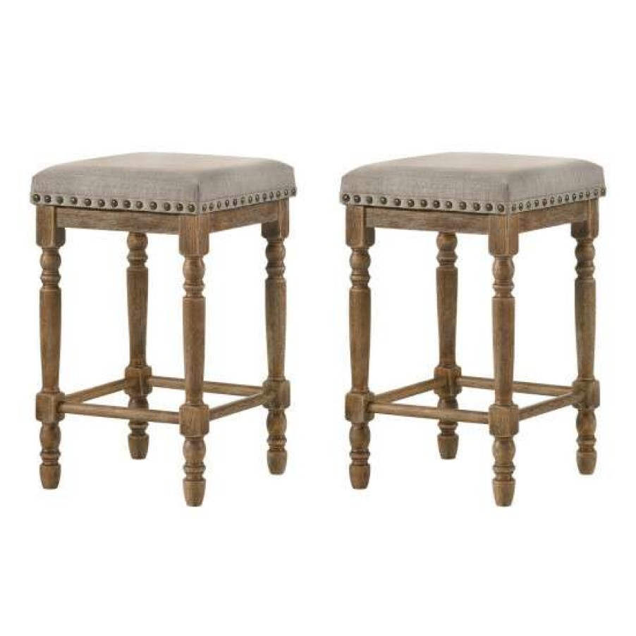 Furniture * | Coupon Simple Relax Set Of 2 Beige Fabric Counter Height Stool In Weathered Oak Finish