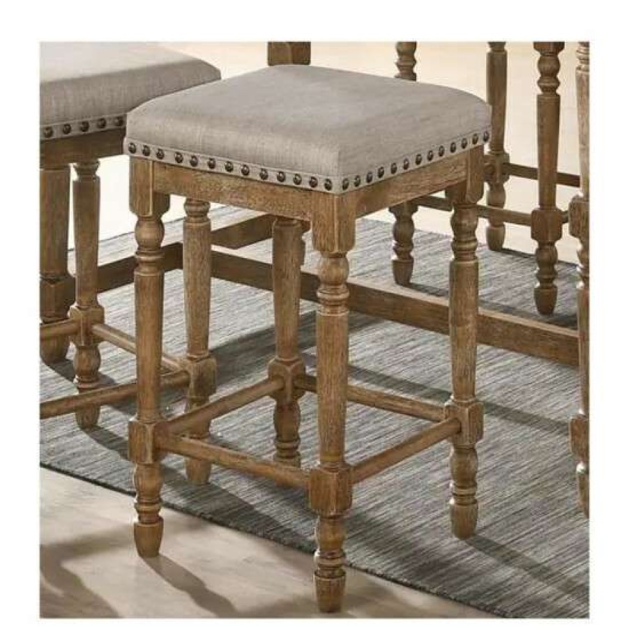 Furniture * | Coupon Simple Relax Set Of 2 Beige Fabric Counter Height Stool In Weathered Oak Finish