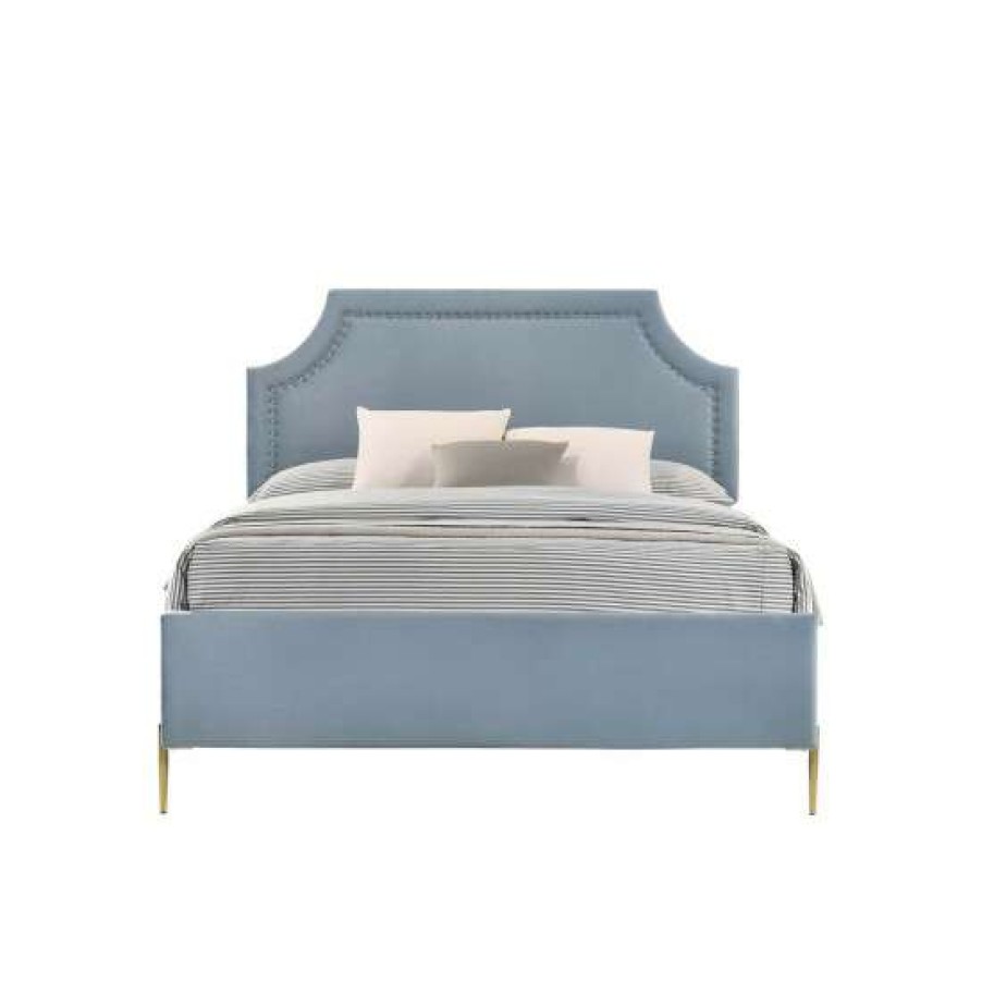 Furniture * | Promo Simple Relax Velvet Upholstered Queen Bed With Nailhead Trim In