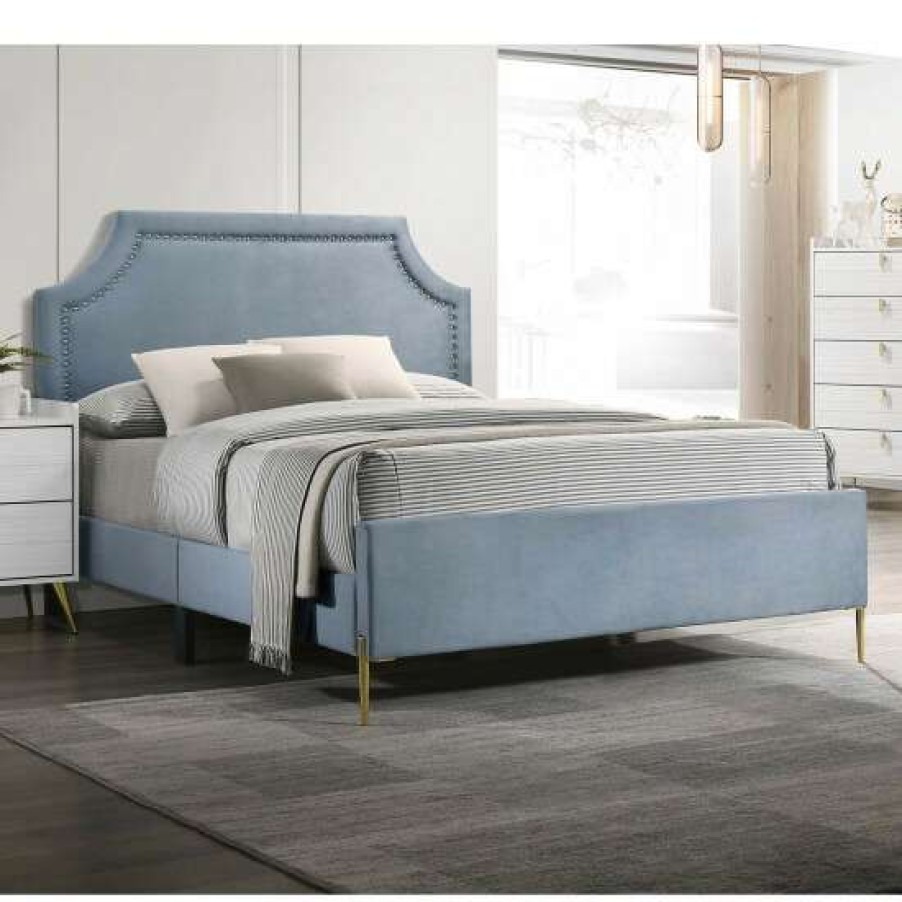 Furniture * | Promo Simple Relax Velvet Upholstered Queen Bed With Nailhead Trim In