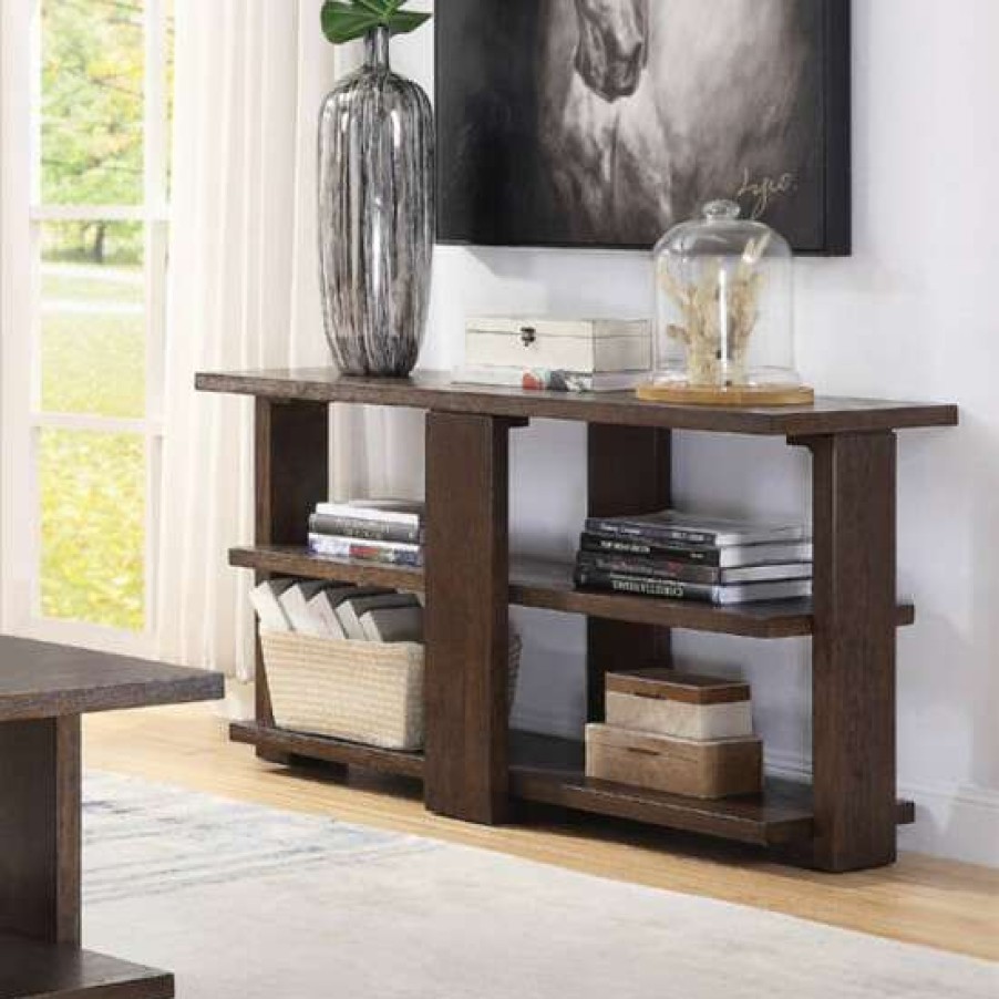 Furniture * | Wholesale Simple Relax 2 Open Compartments Sofa Table In Walnut Finish