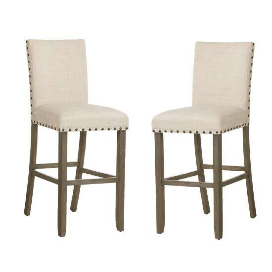 Furniture * | Coupon Simple Relax Set Of 2 Wooden Upholstered Bar Stool In Beige And Rustic Brown