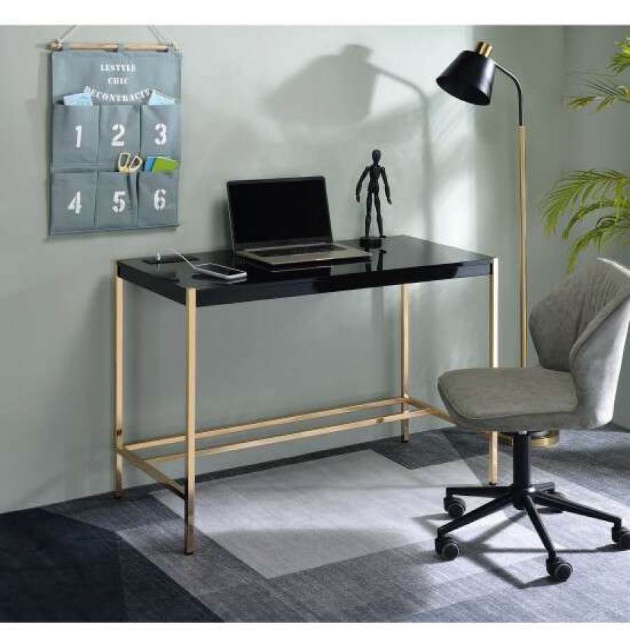 Furniture * | Promo Simple Relax Rectangular Writing Desk With Usb Port In Black And Gold