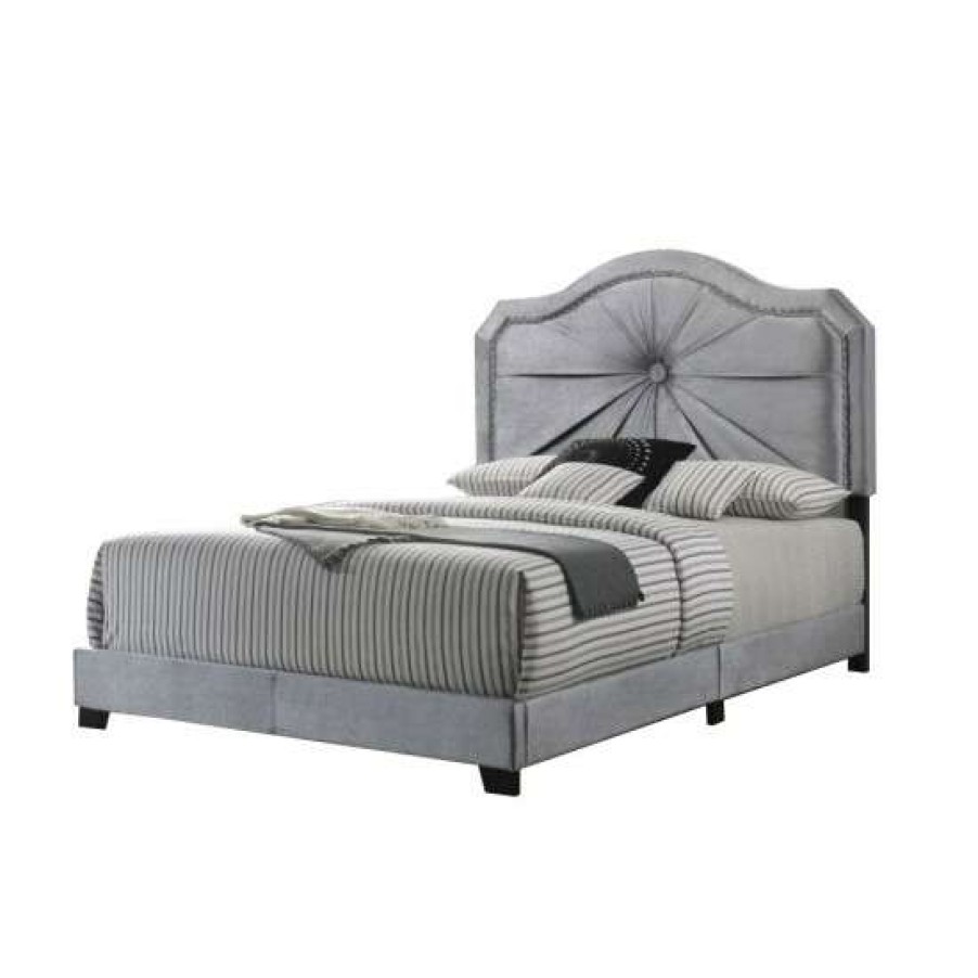 Furniture * | Wholesale Simple Relax Velvet Upholstered Queen Bed With Single Button Tufting In Gray Finish