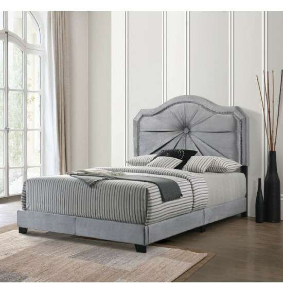 Furniture * | Wholesale Simple Relax Velvet Upholstered Queen Bed With Single Button Tufting In Gray Finish