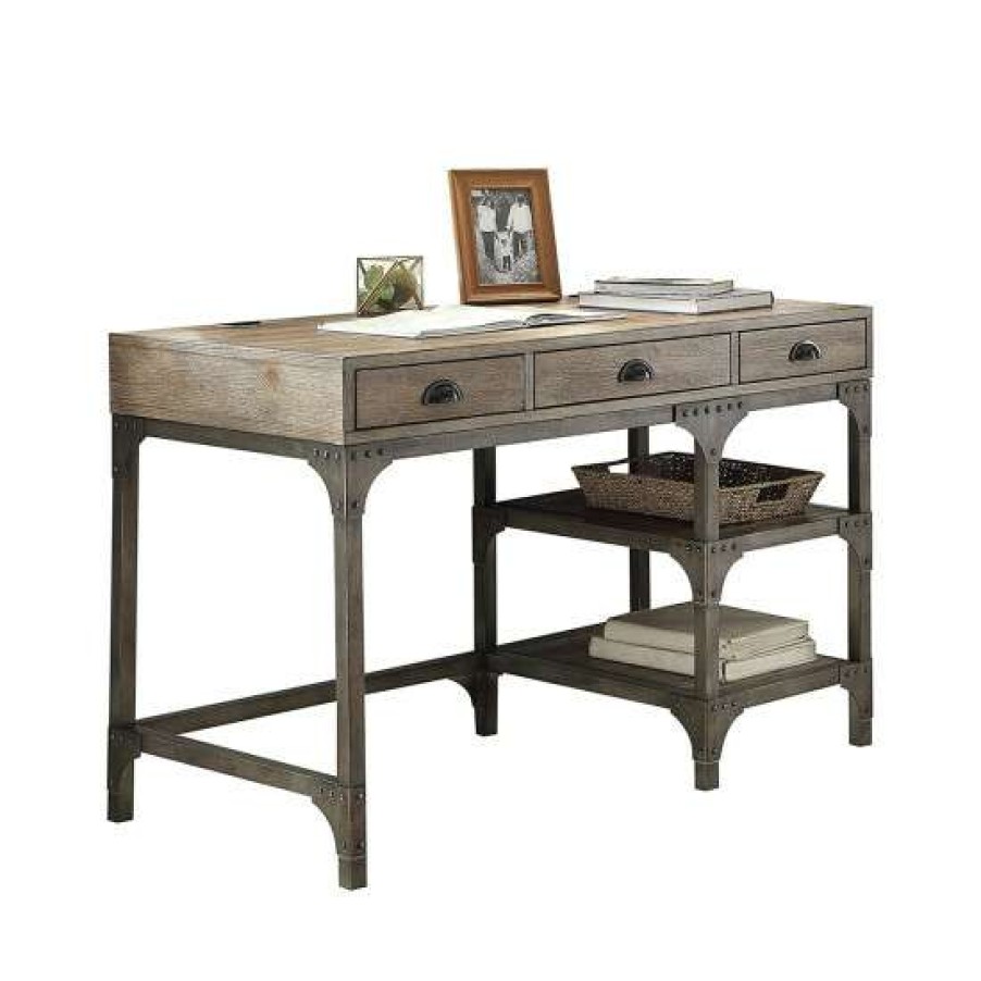 Furniture * | New Simple Relax Desk With 3 Drawers In Weathered Oak & Antique Silver