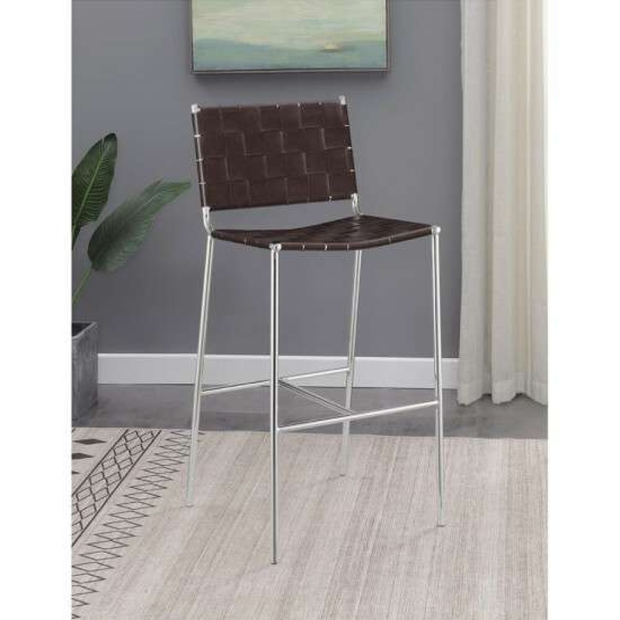 Furniture * | Best Deal Simple Relax Metal Base Bar Stool With Plastic Seat And Back In Brown And Chrome