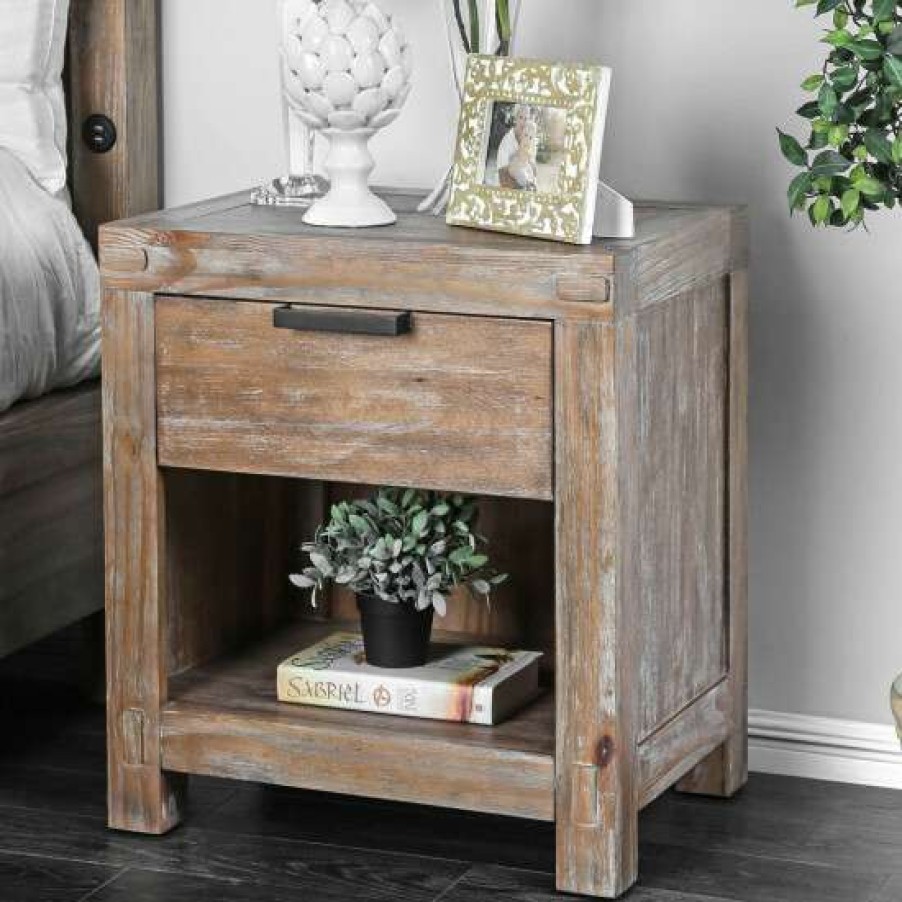 Furniture * | Flash Sale Simple Relax Wooden Nightstand With One Drawer In Weathered Light Oak