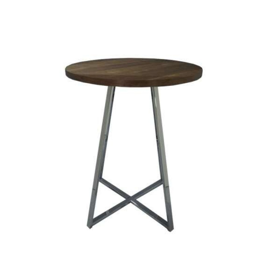 Furniture * | Best Pirce Simple Relax Wood Top Round Bar Table With Metal Base In Brown Oak And Chrome