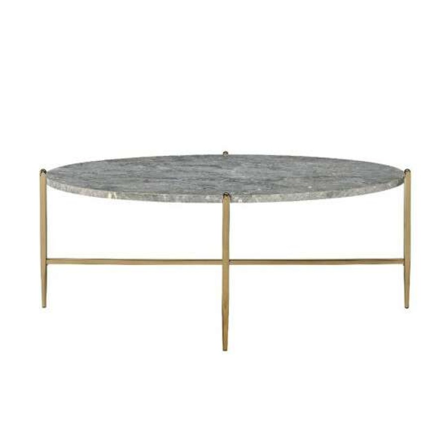 Furniture * | Coupon Simple Relax Round Faux Marble Coffee Table With Metal Base In Champagne