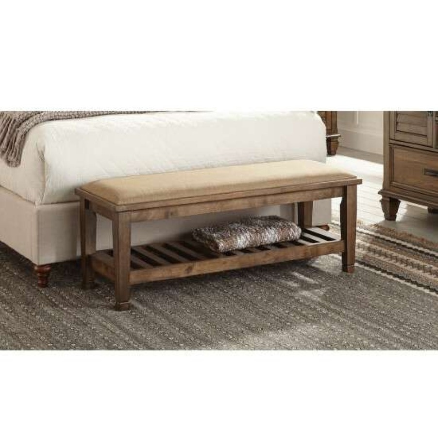 Furniture * | Cheap Simple Relax Fabric And Wood Bench In Beige And Burnished Oak