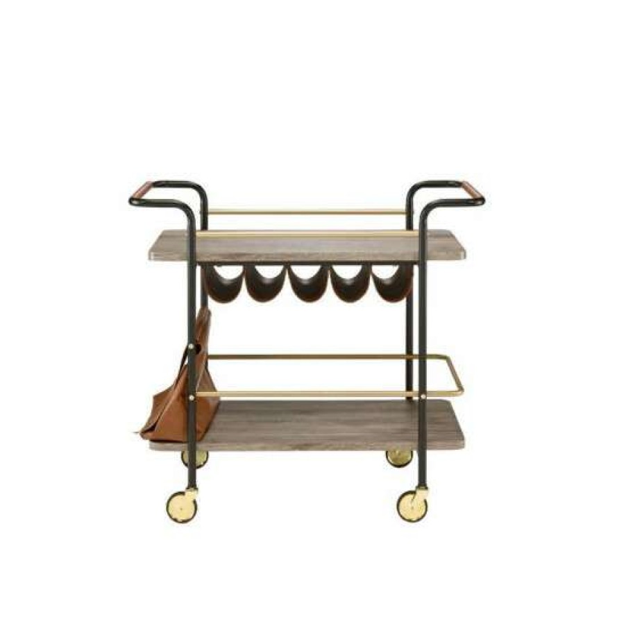 Kitchen & Dining * | Budget Simple Relax Wood Serving Cart With 2 Shelves In Natural, Gold And Black Finish