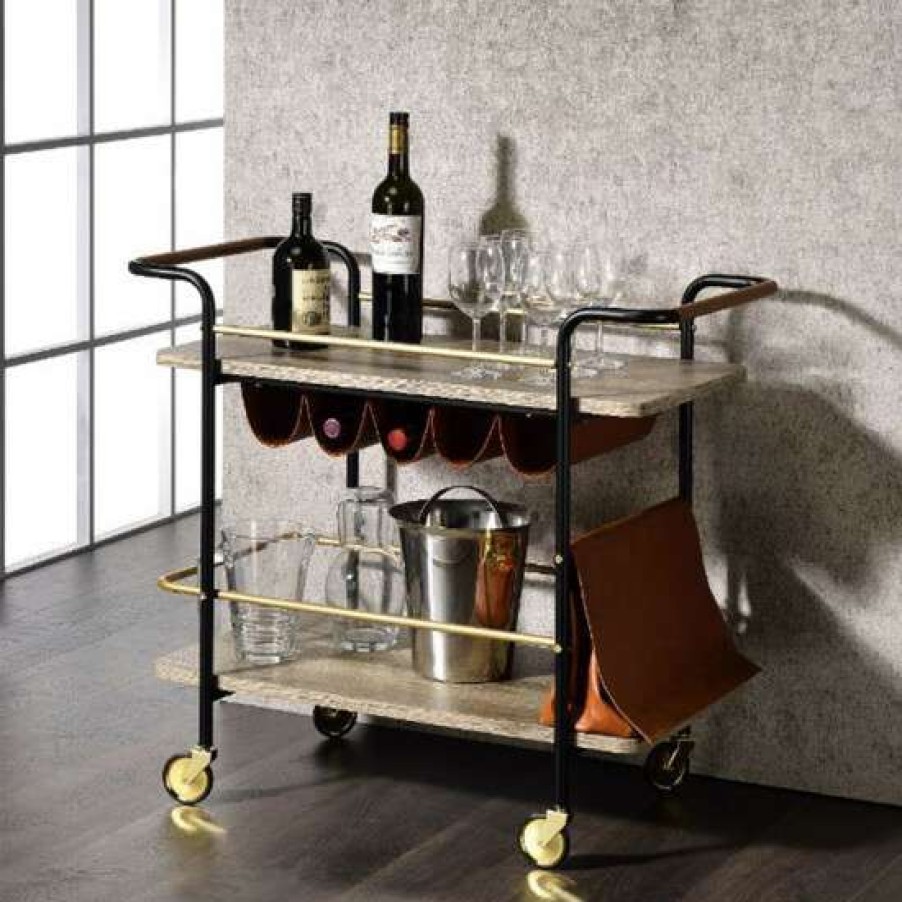 Kitchen & Dining * | Budget Simple Relax Wood Serving Cart With 2 Shelves In Natural, Gold And Black Finish