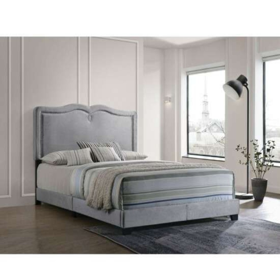 Furniture * | Discount Simple Relax Velvet Upholstered Queen Bed With Arched Headboard In Gray Finish