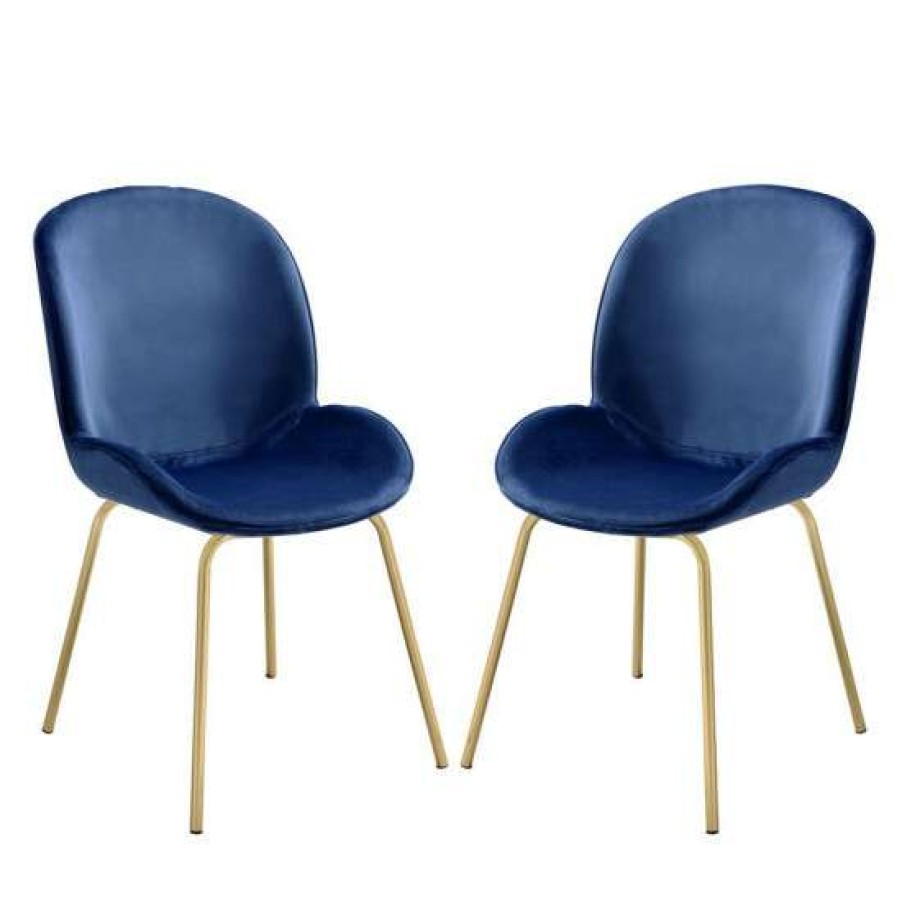 Furniture * | Top 10 Simple Relax Set Of 2 Blue Velvet Side Chair In Gold Finish