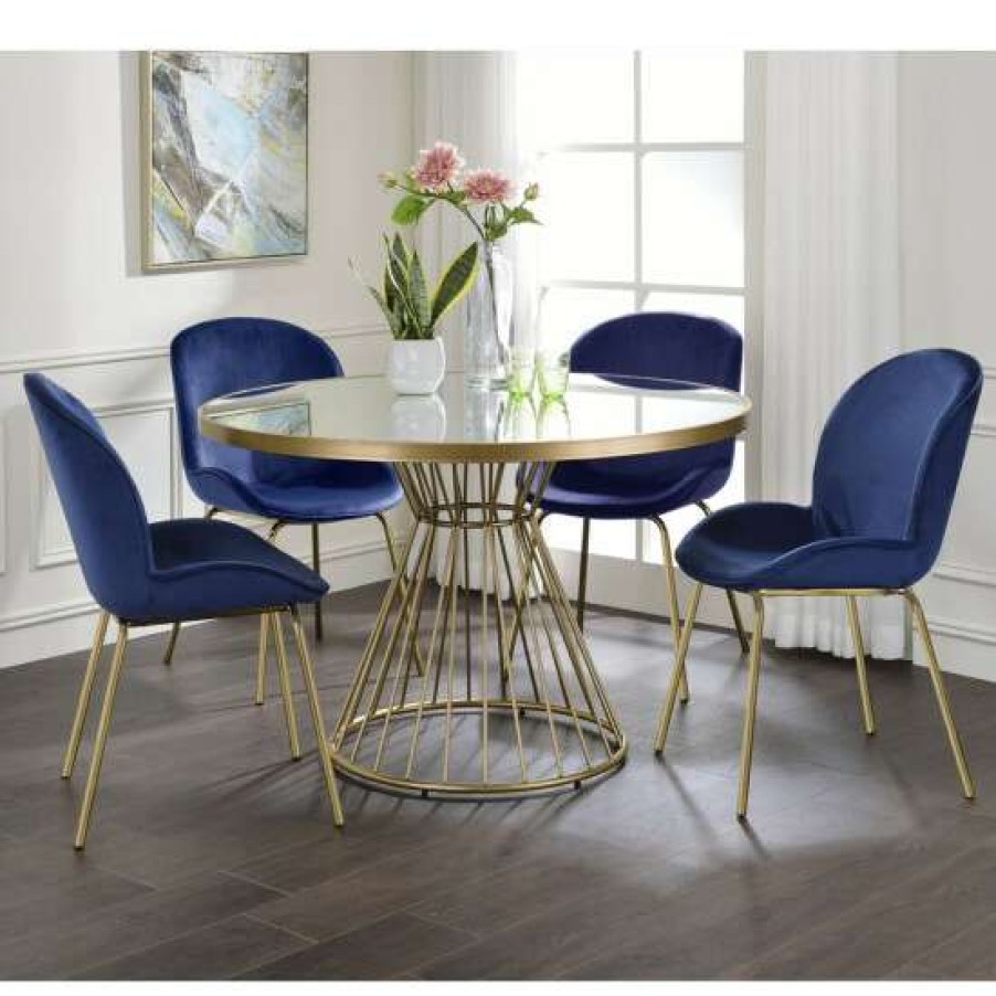 Furniture * | Top 10 Simple Relax Set Of 2 Blue Velvet Side Chair In Gold Finish