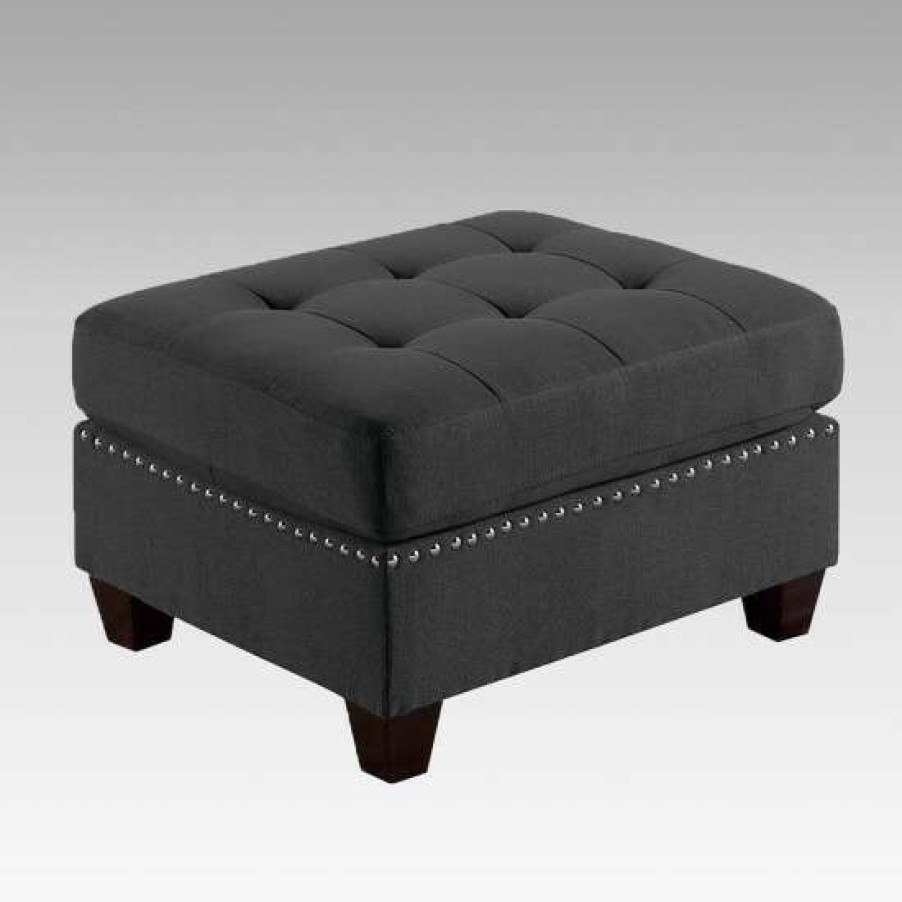 Furniture * | Budget Simple Relax Linen-Like Fabric Upholstered Modular Ottoman With Nailhead Trim In Black