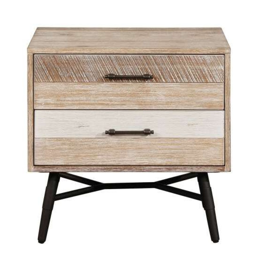 Furniture * | Best Deal Simple Relax 2 Drawers Nightstand With Metal Handles In Rough Sawn Multi