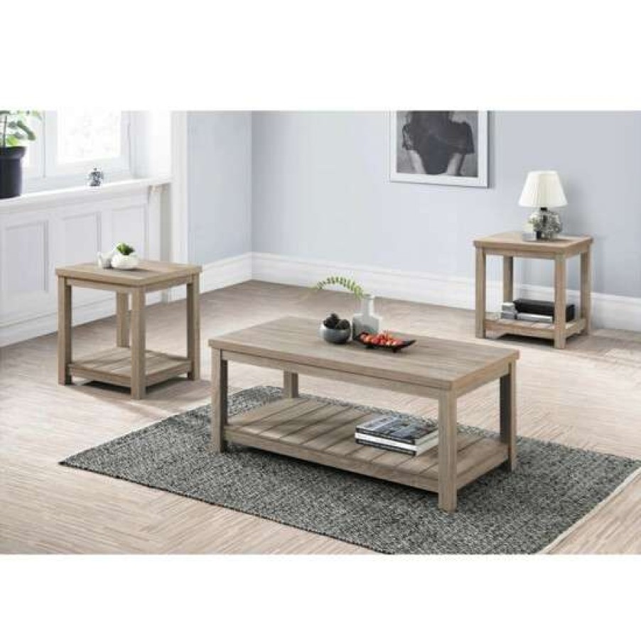 Furniture * | Hot Sale Simple Relax 3 Piece Wood Table Set In Greige Finish