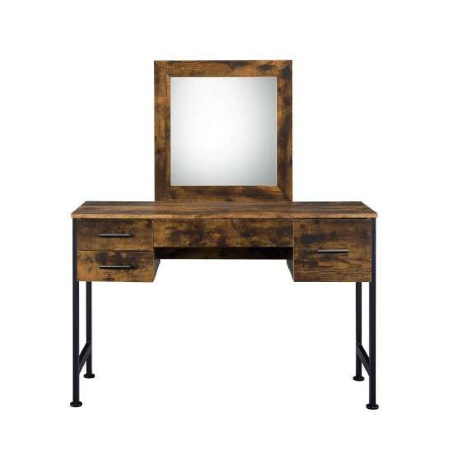 Furniture * | Promo Simple Relax 4 Drawers Vanity Desk And Mirror In Rustic Oak And Black Finish